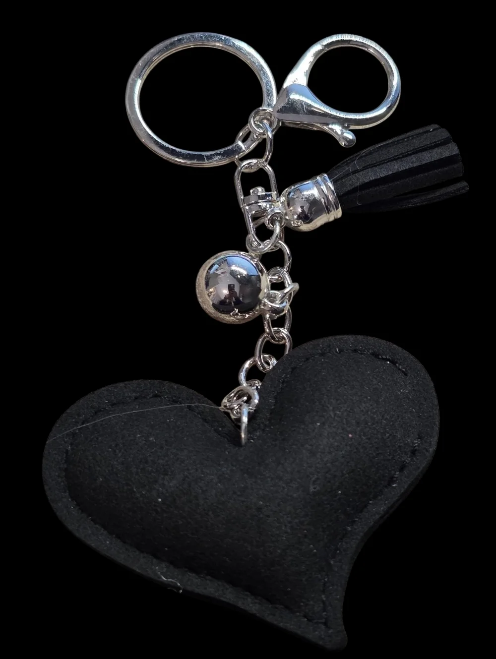 Black Crystal Heart Key & Bag Charm with Tassel